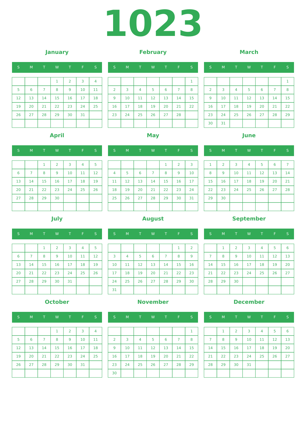 Printable 1023 Year Calendars green