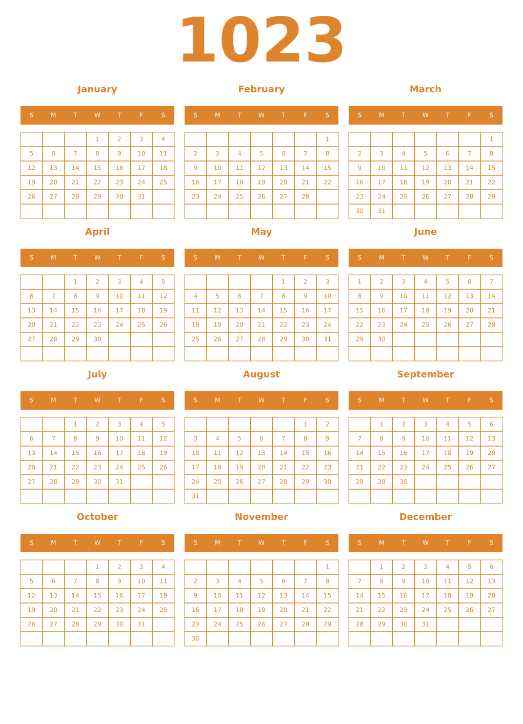 Printable 1023 Year Calendars orange