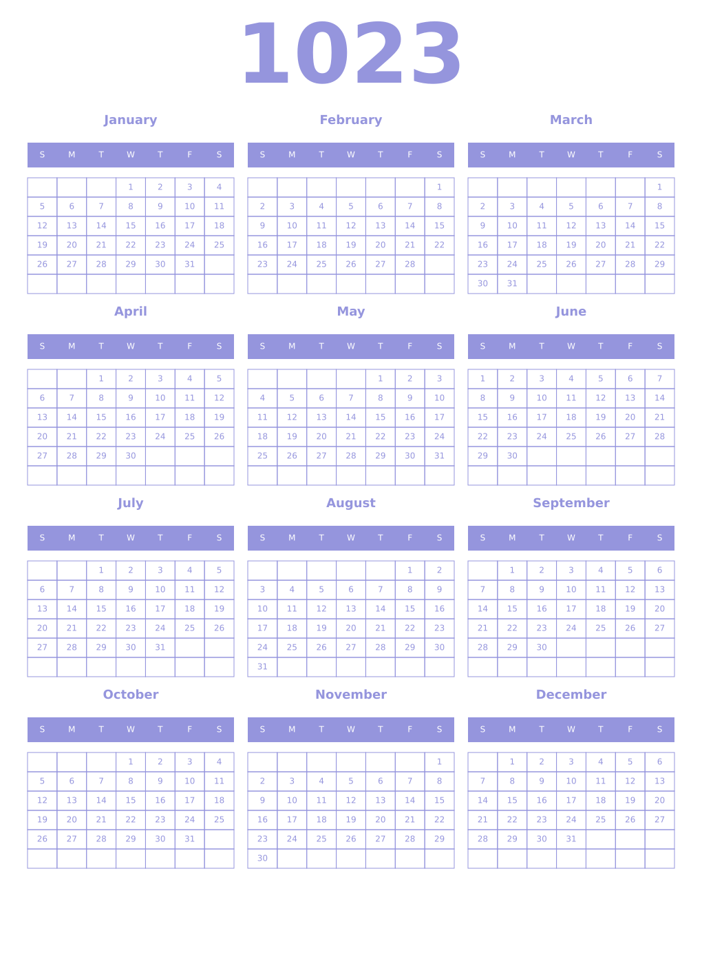 Printable 1023 Year Calendars periwinkle
