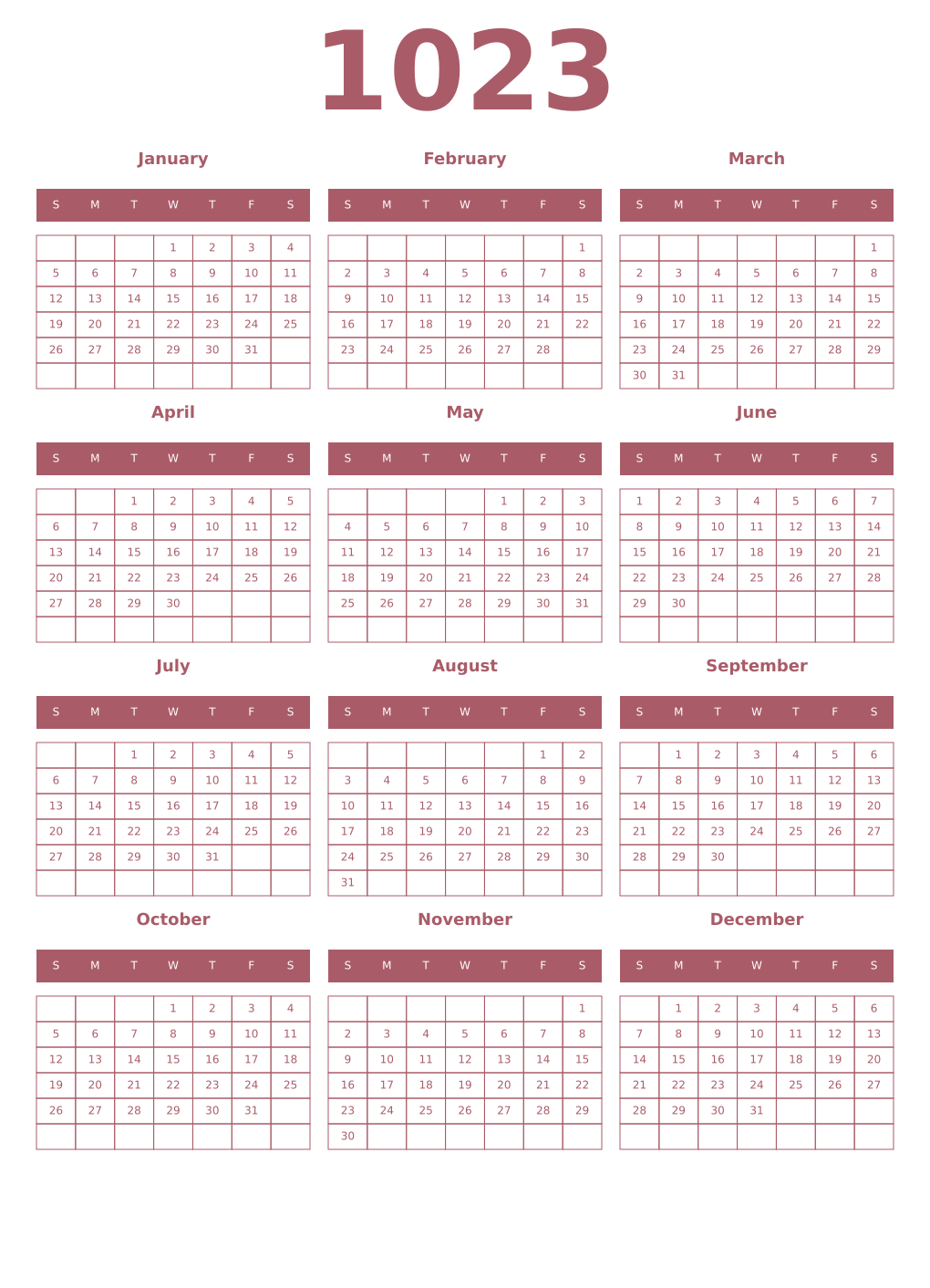 Printable 1023 Year Calendars puce