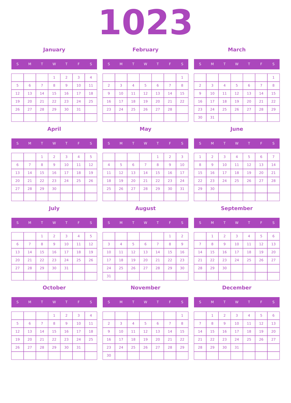 Printable 1023 Year Calendars purple