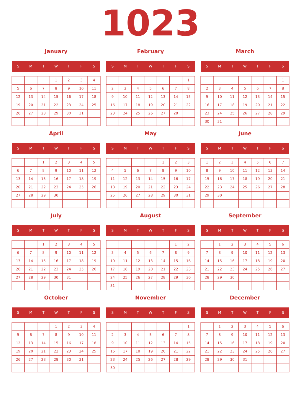 Printable 1023 Year Calendars red