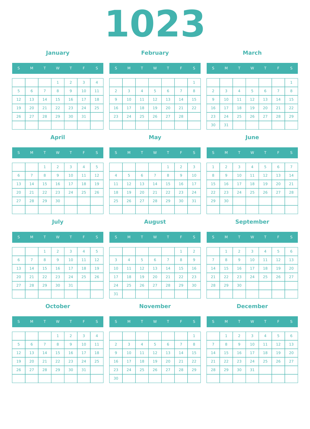 Printable 1023 Year Calendars verdigris