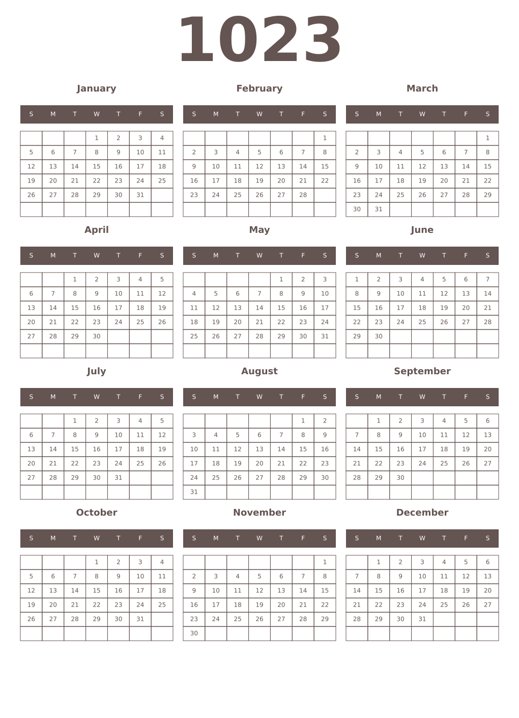 Printable 1023 Year Calendars wenge