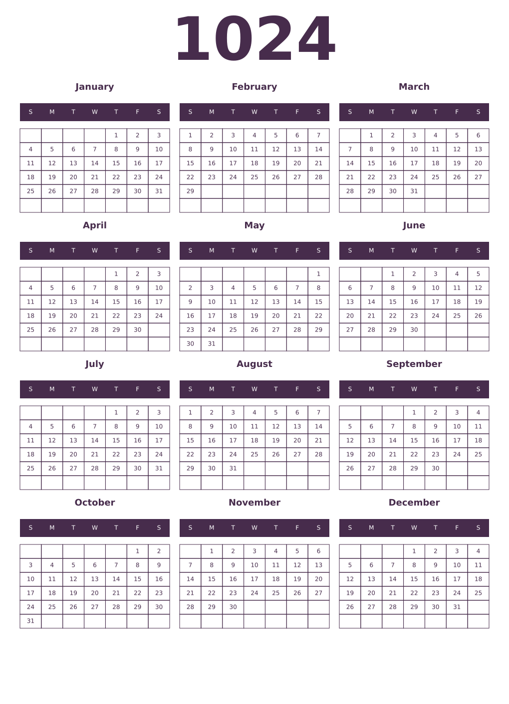 Printable 1024 Year Calendars aubergine