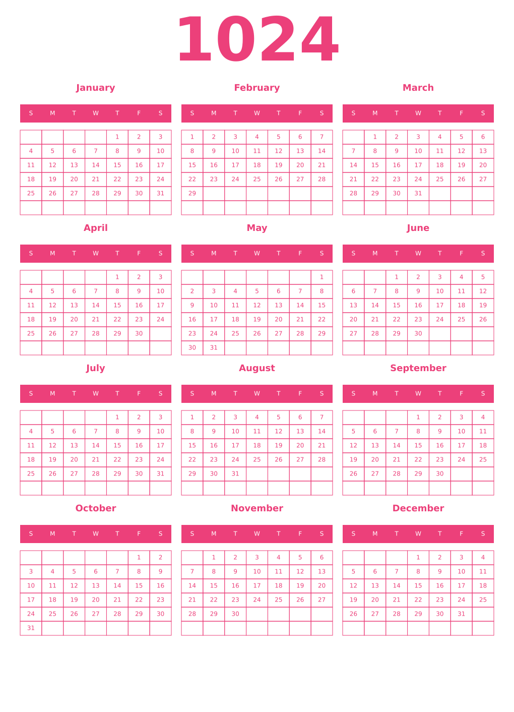Printable 1024 Year Calendars pink