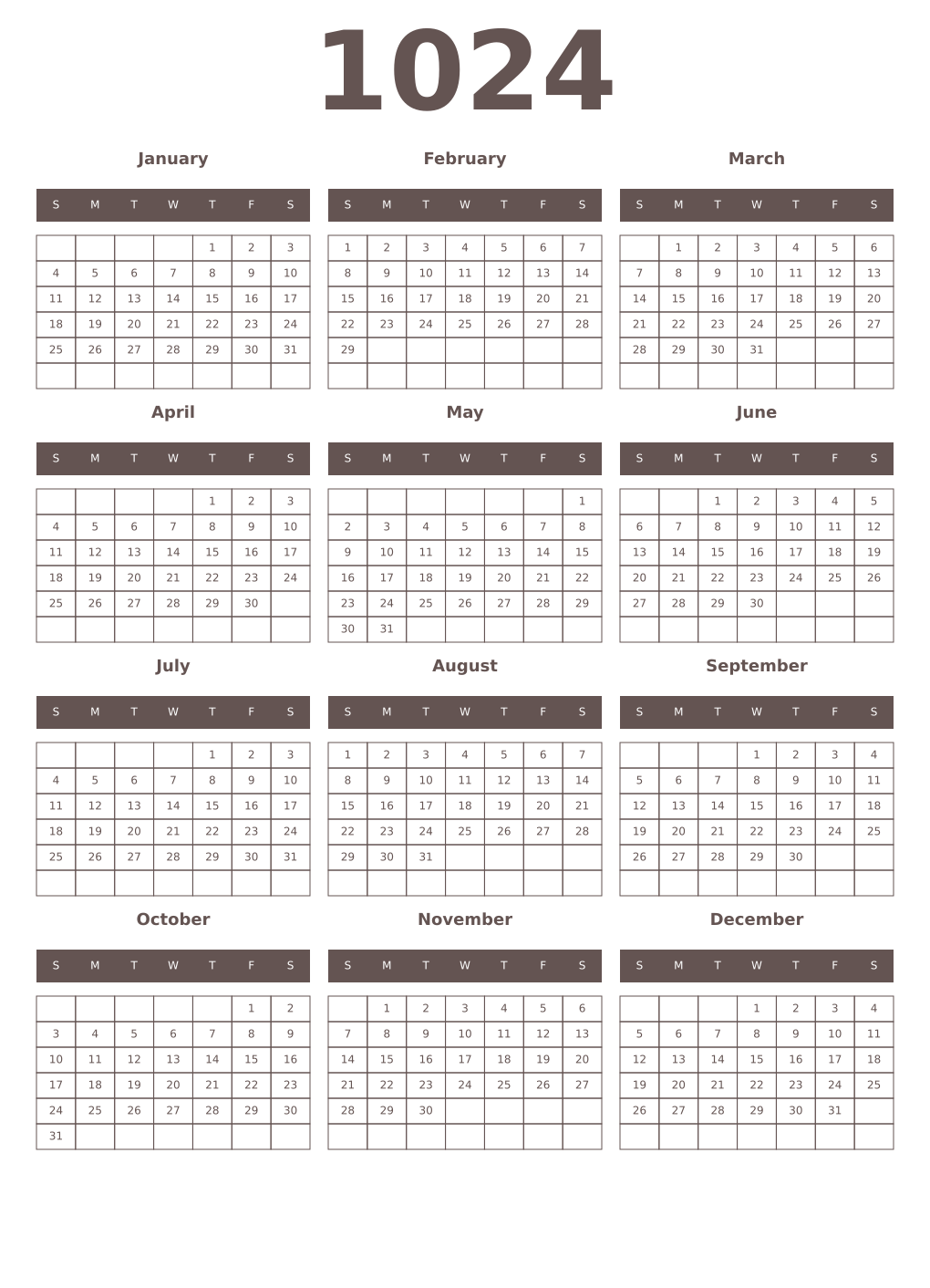 Printable 1024 Year Calendars wenge