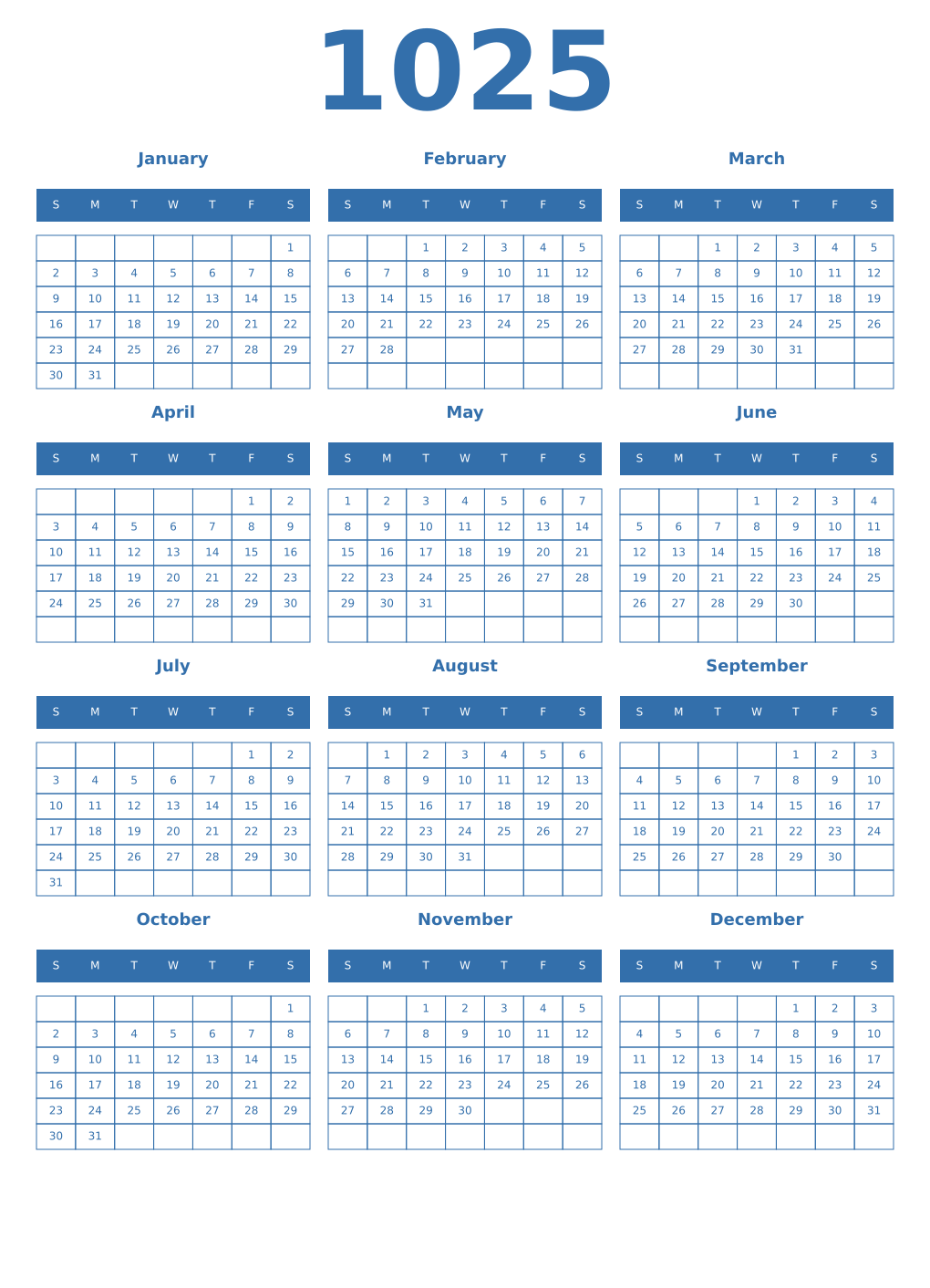 Printable 1025 Year Calendars blue