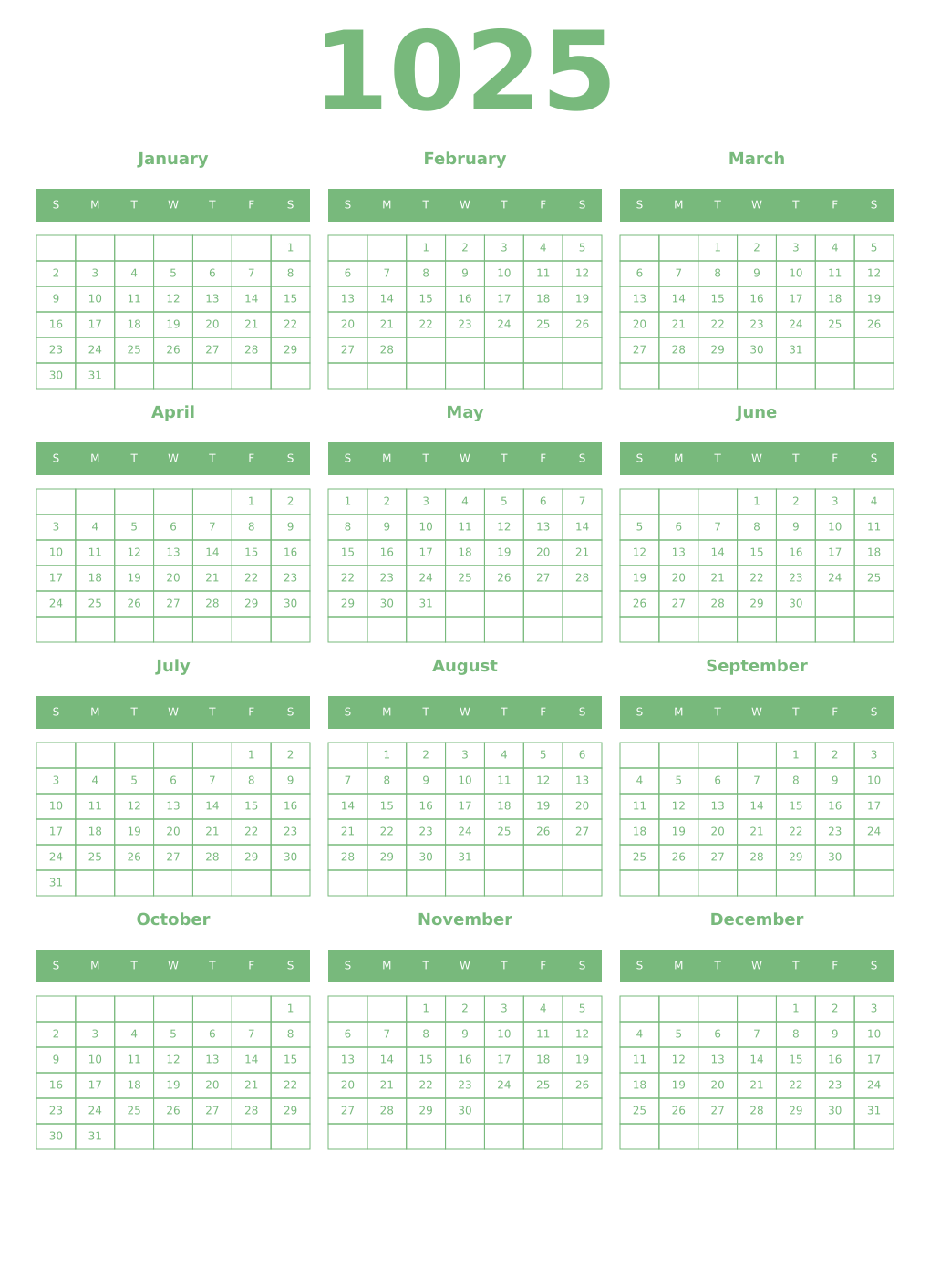 Printable 1025 Year Calendars celadon