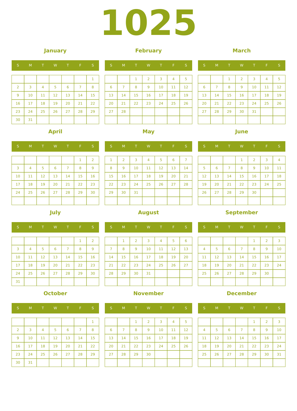 Printable 1025 Year Calendars chartreuse