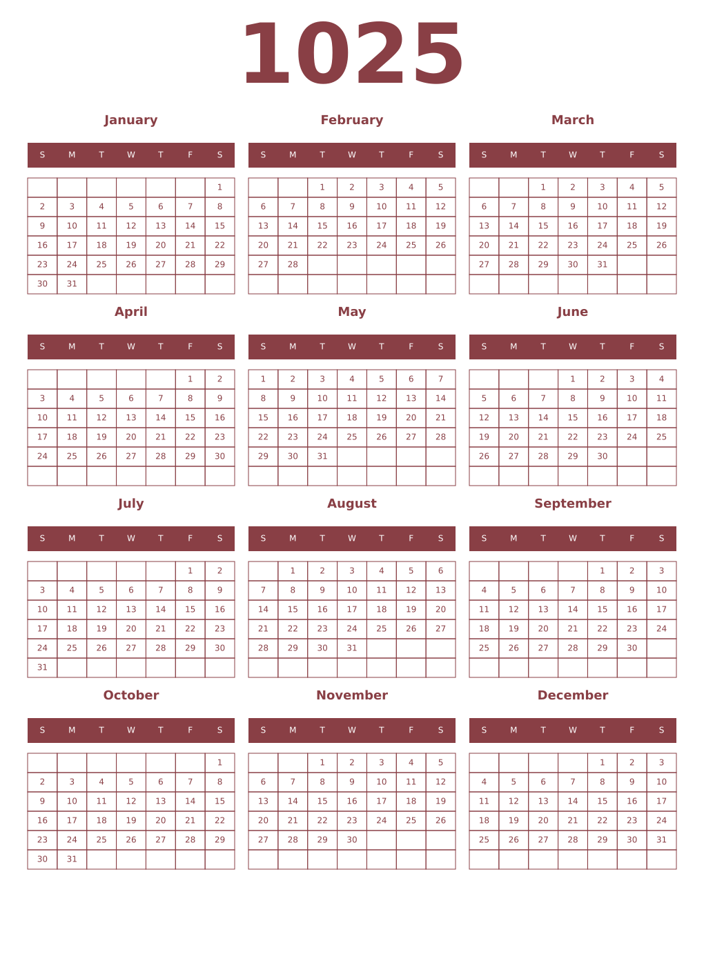 Printable 1025 Year Calendars cordovan