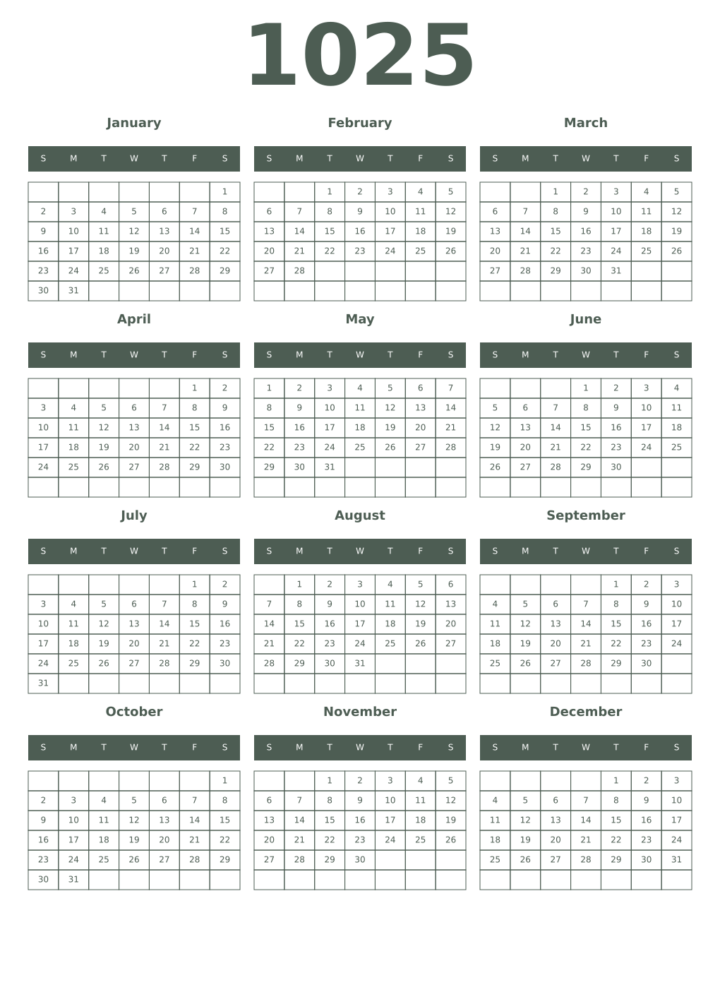 Printable 1025 Year Calendars feldgrau