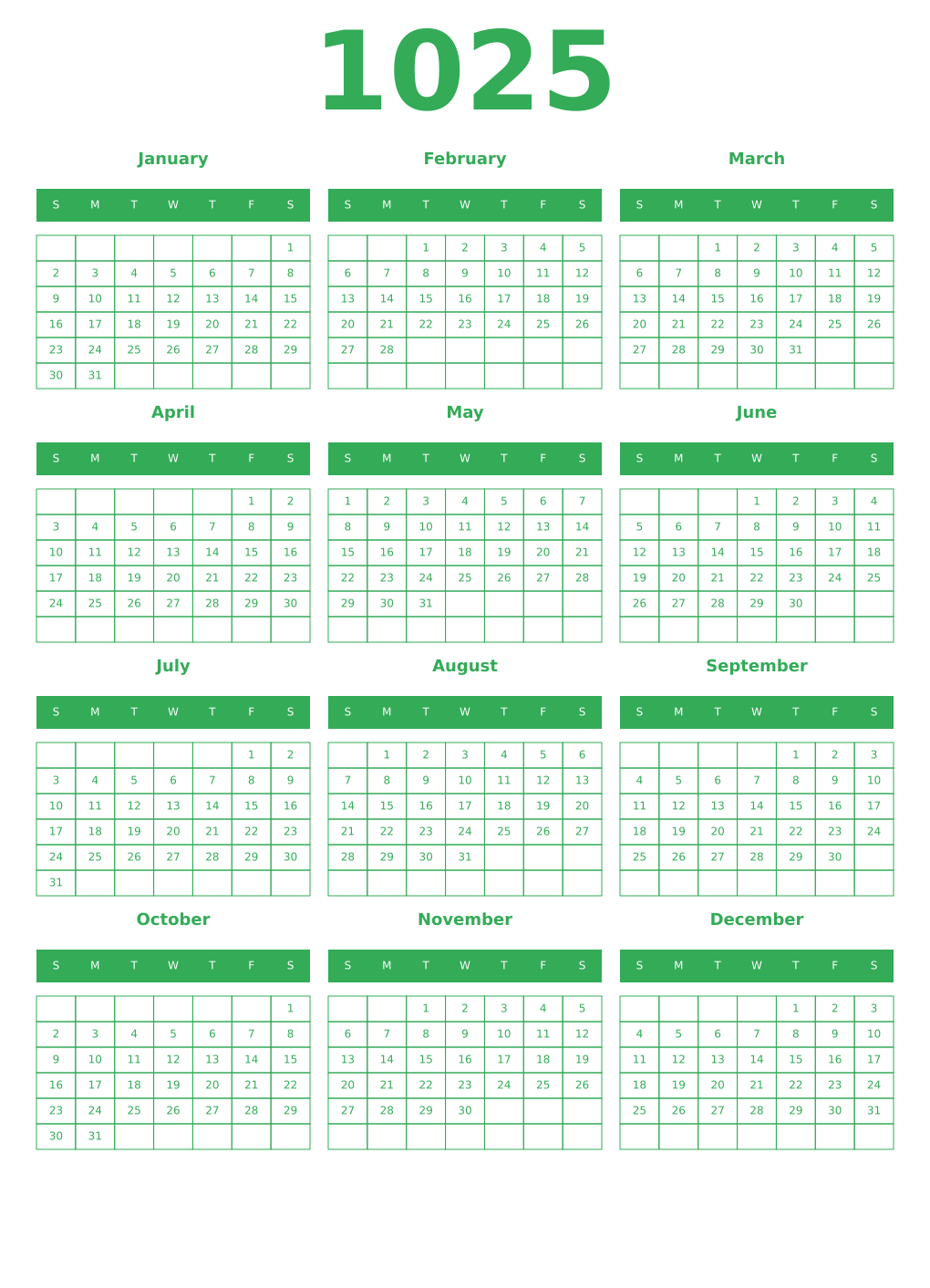 Printable 1025 Year Calendars green