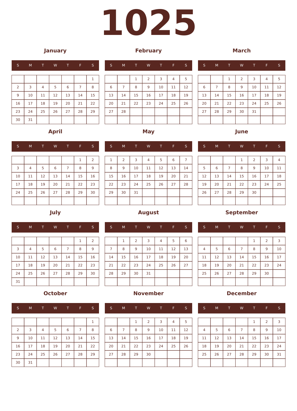 Printable 1025 Year Calendars mortuum