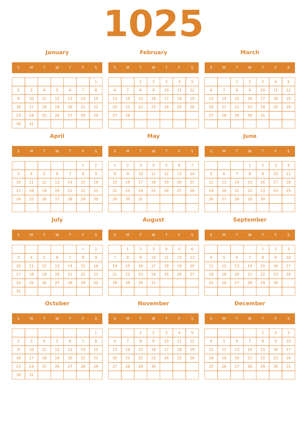 Printable 1025 Year Calendars orange