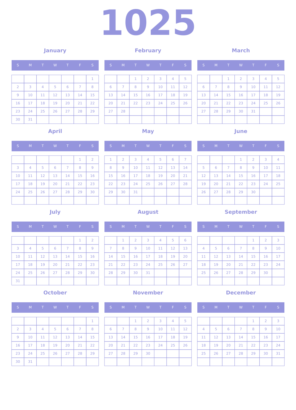 Printable 1025 Year Calendars periwinkle