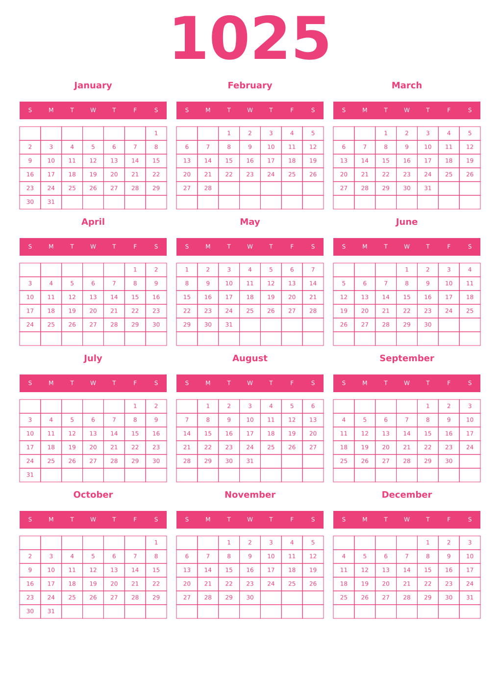 Printable 1025 Year Calendars pink