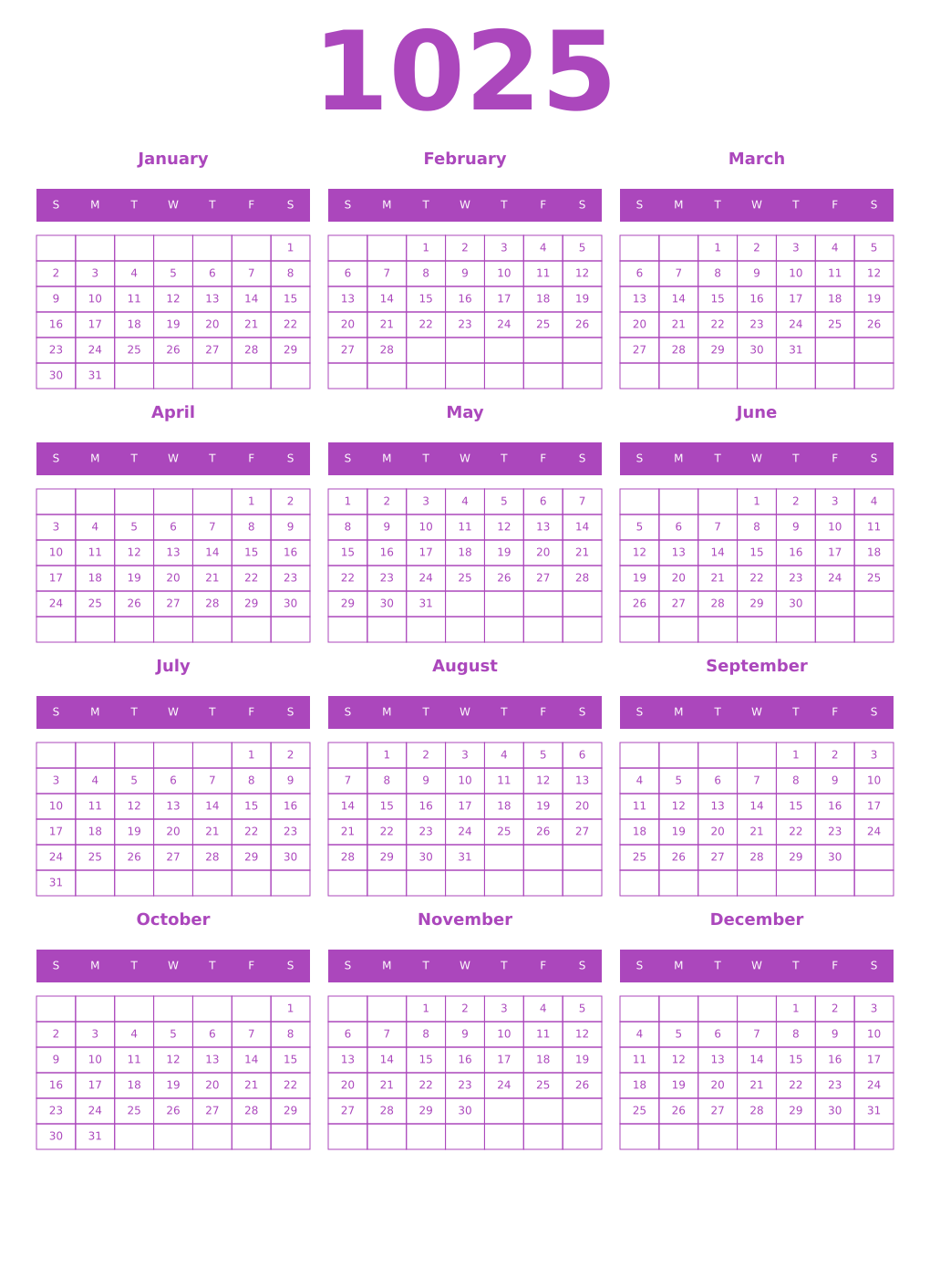 Printable 1025 Year Calendars purple
