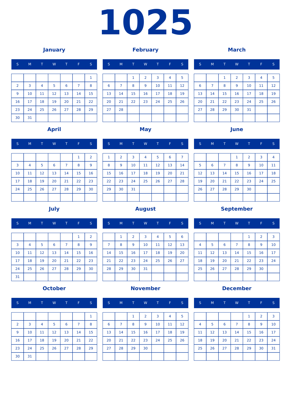 Printable 1025 Year Calendars smalt