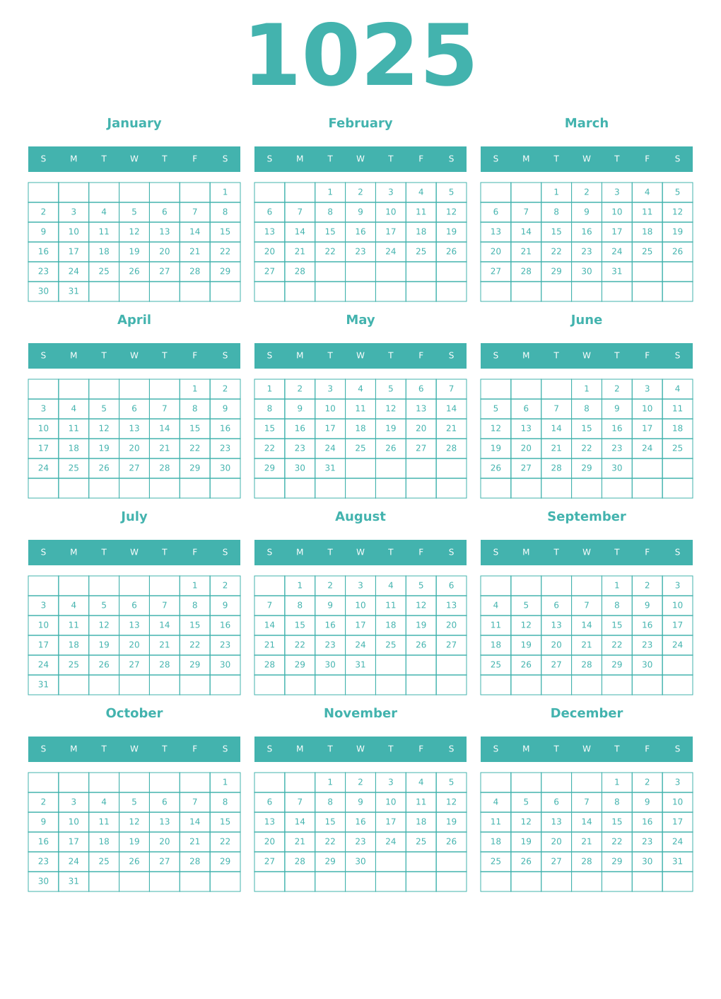 Printable 1025 Year Calendars verdigris