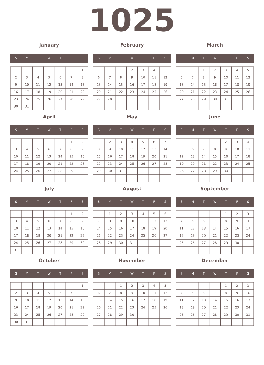 Printable 1025 Year Calendars wenge