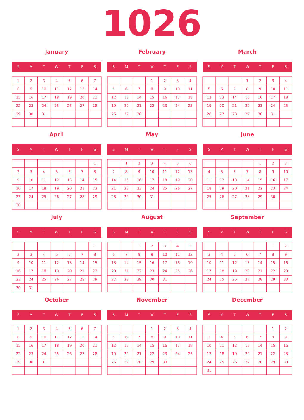 Printable 1026 Year Calendars amaranth
