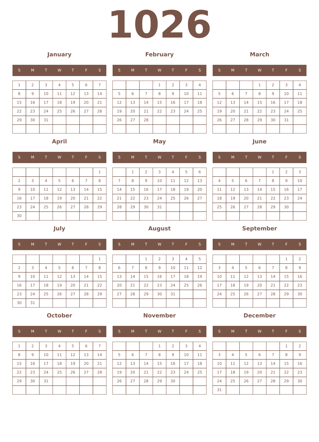 Printable 1026 Year Calendars coffe
