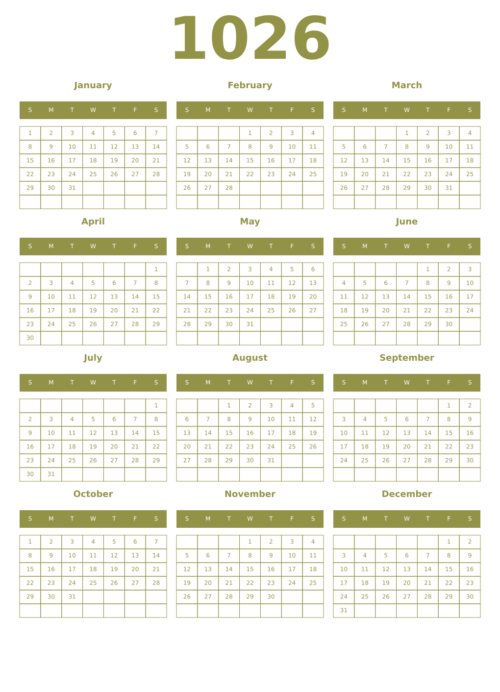 Printable 1026 Year Calendars eburnean