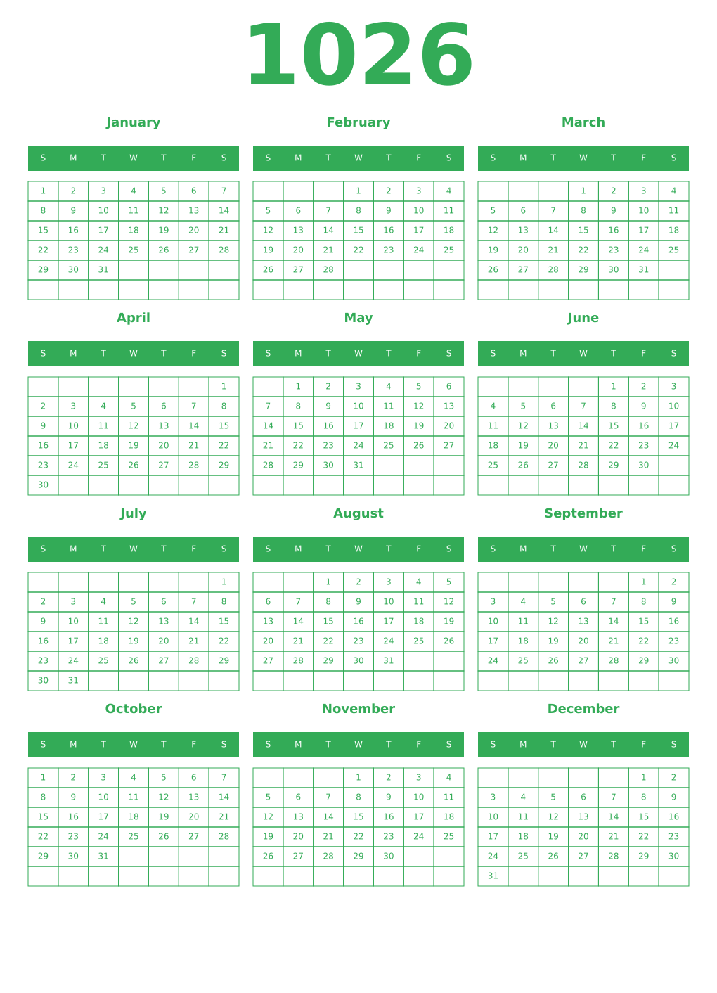 Printable 1026 Year Calendars green