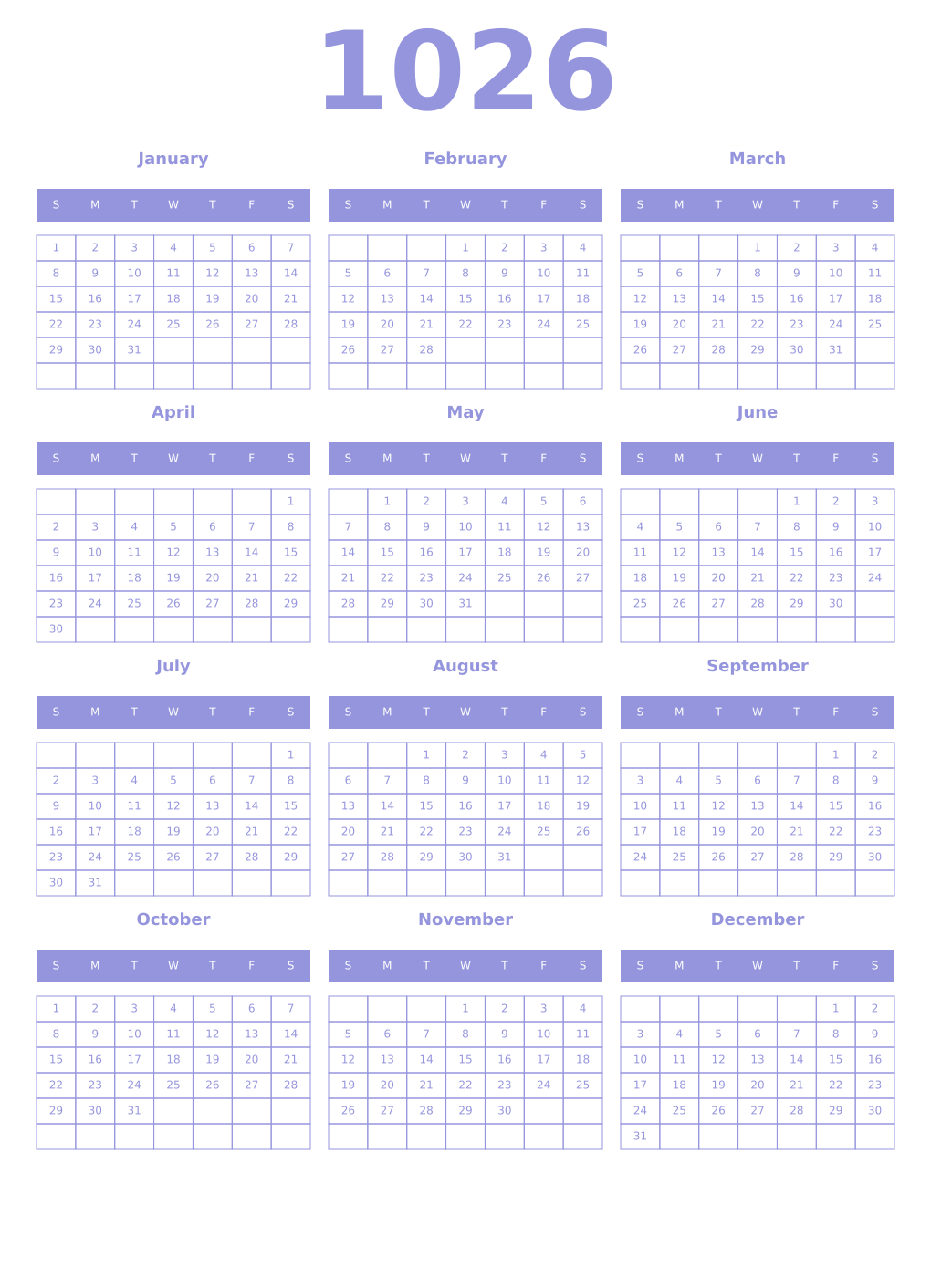 Printable 1026 Year Calendars periwinkle