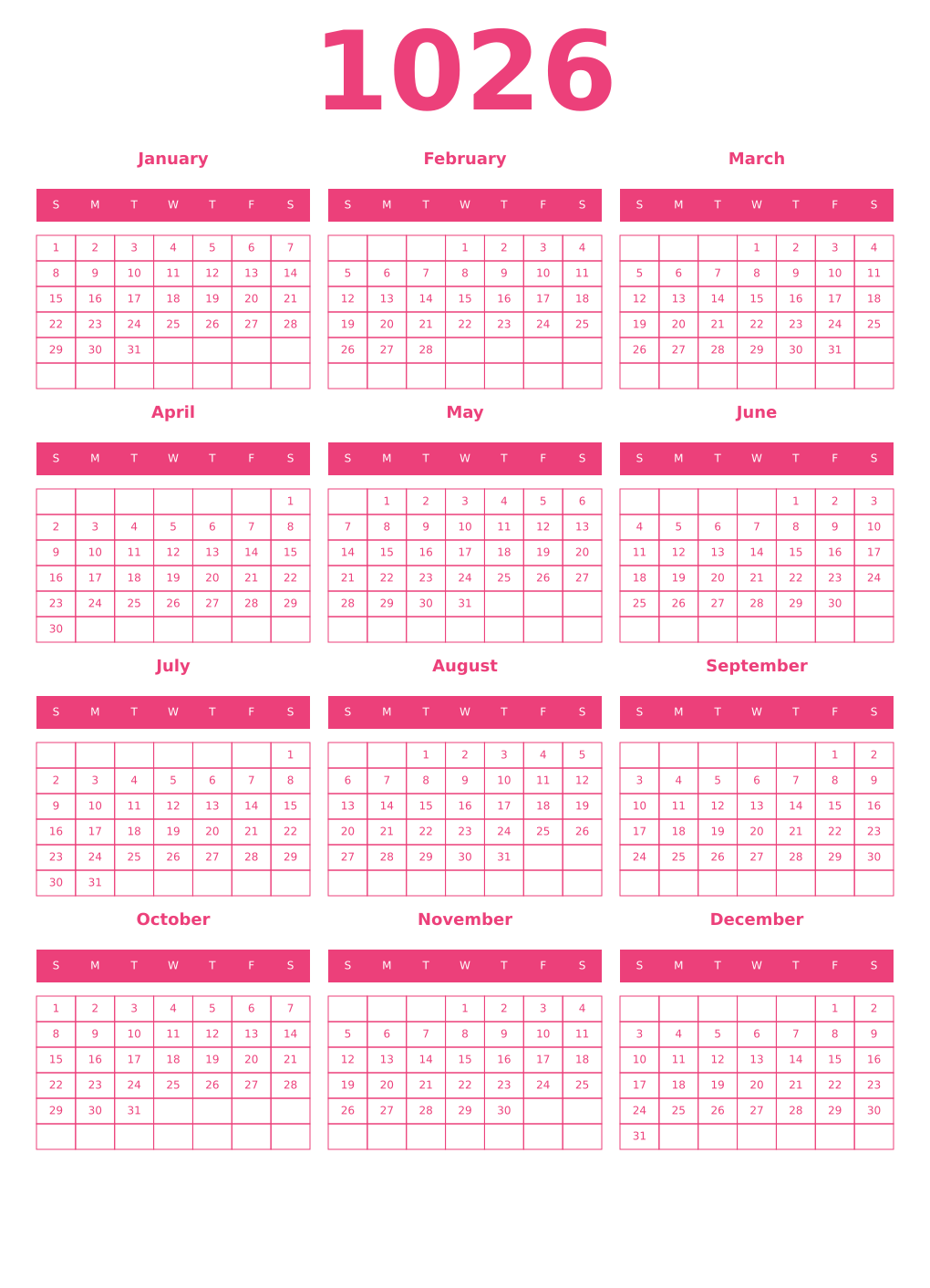 Printable 1026 Year Calendars pink