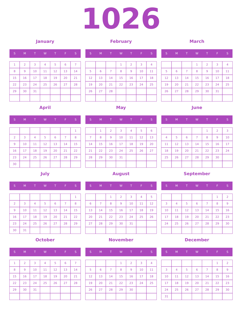 Printable 1026 Year Calendars purple