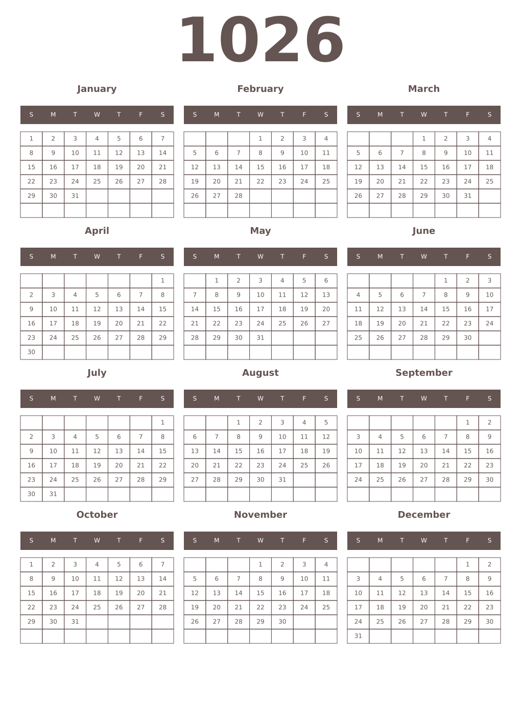Printable 1026 Year Calendars wenge