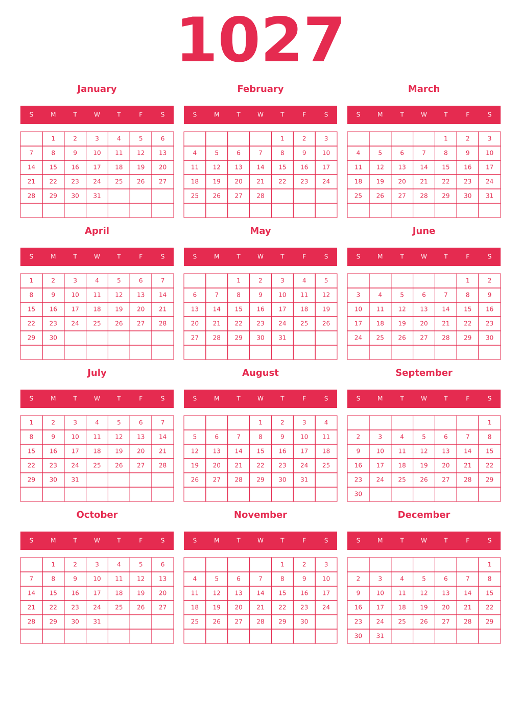 Printable 1027 Year Calendars amaranth