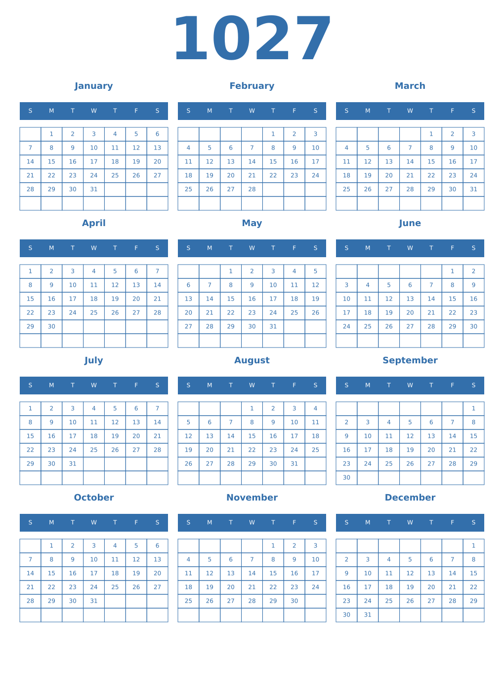 Printable 1027 Year Calendars blue