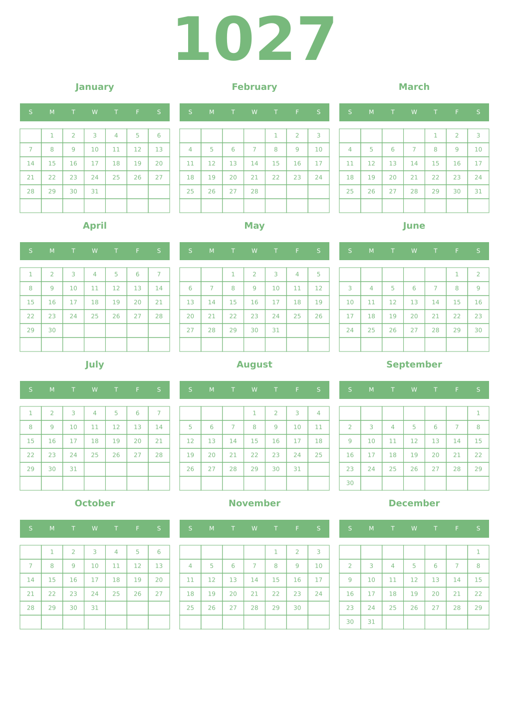 Printable 1027 Year Calendars celadon