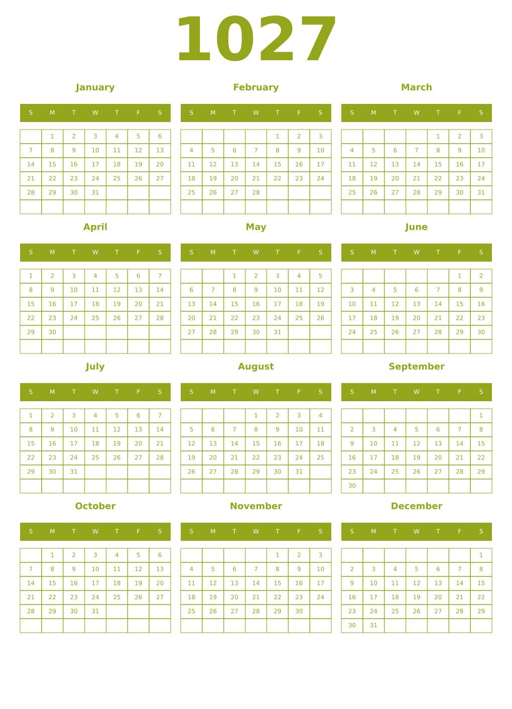 Printable 1027 Year Calendars chartreuse
