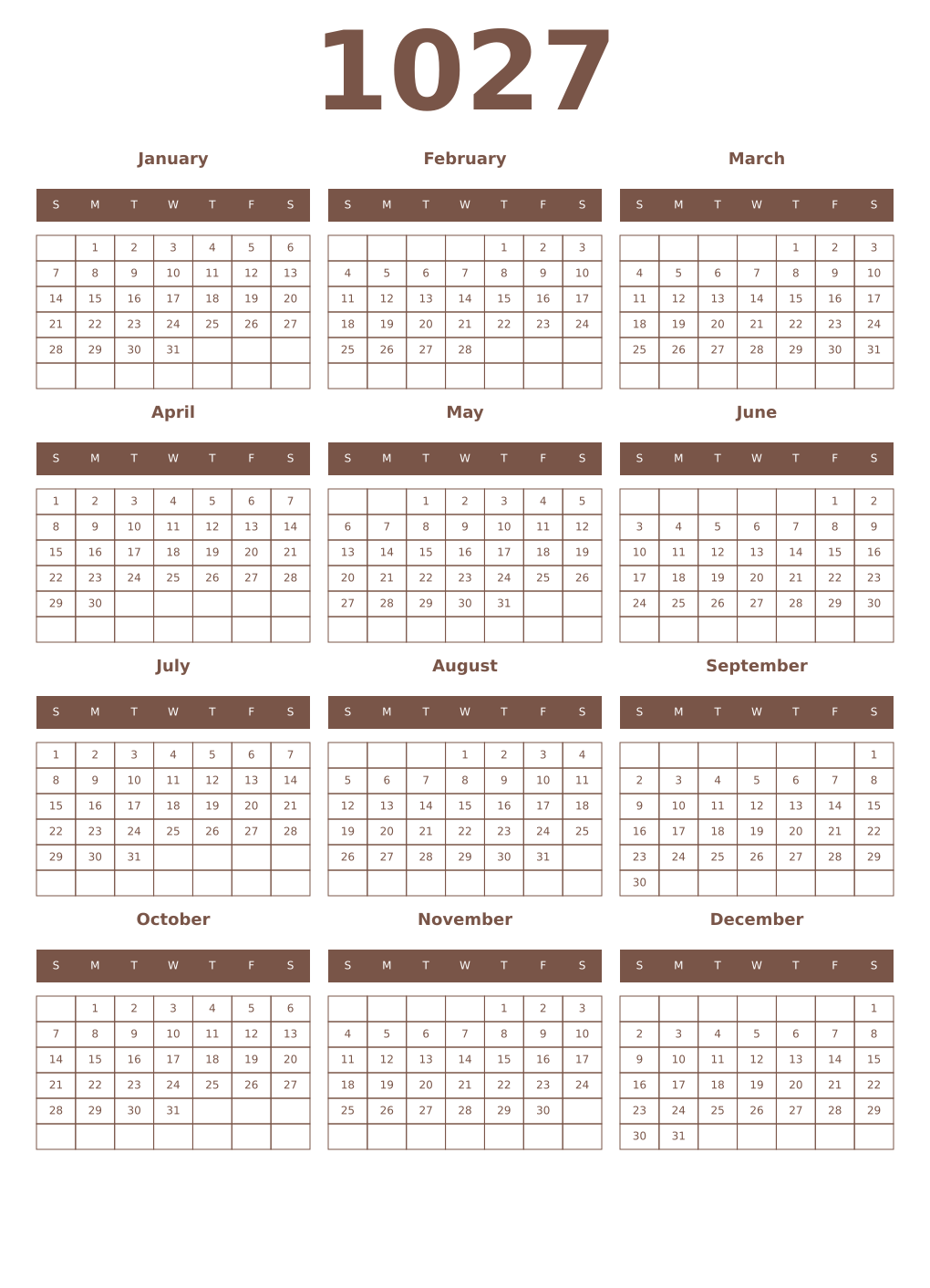 Printable 1027 Year Calendars coffe