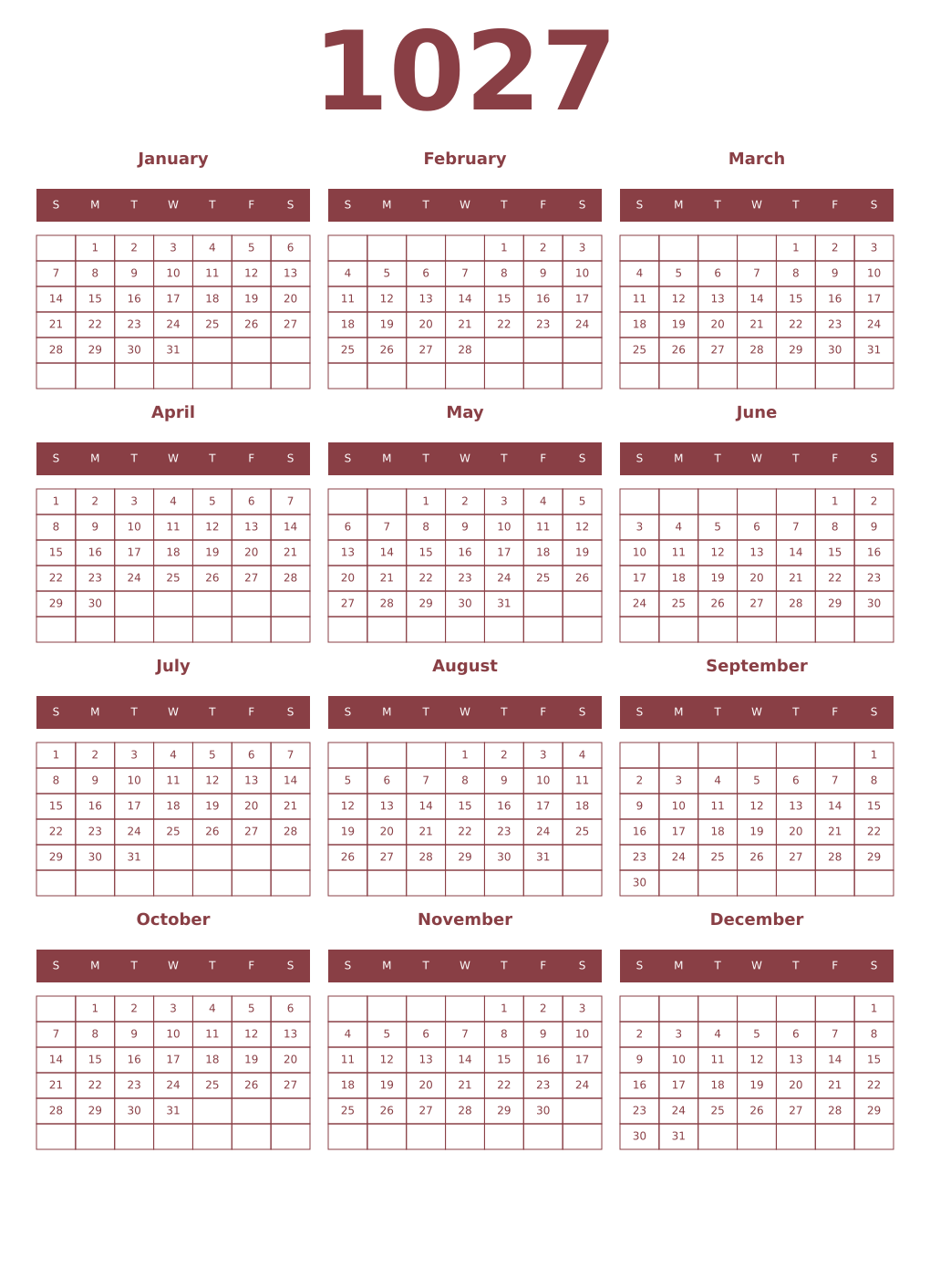Printable 1027 Year Calendars cordovan