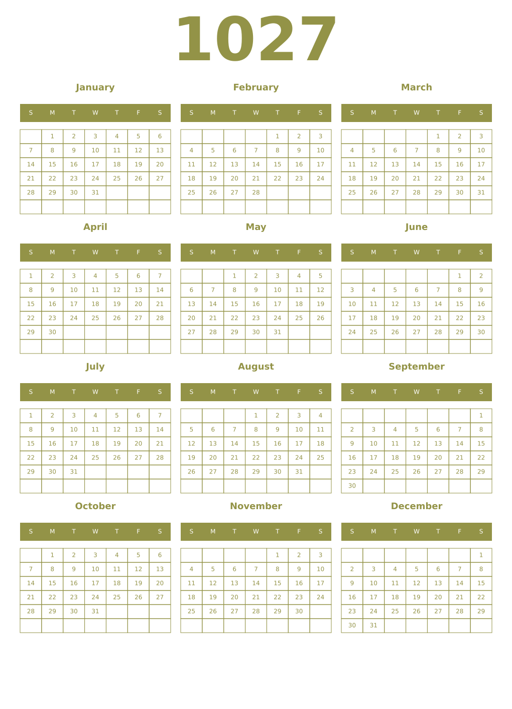 Printable 1027 Year Calendars eburnean