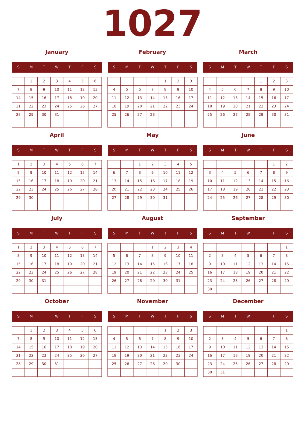 Printable 1027 Year Calendars falu