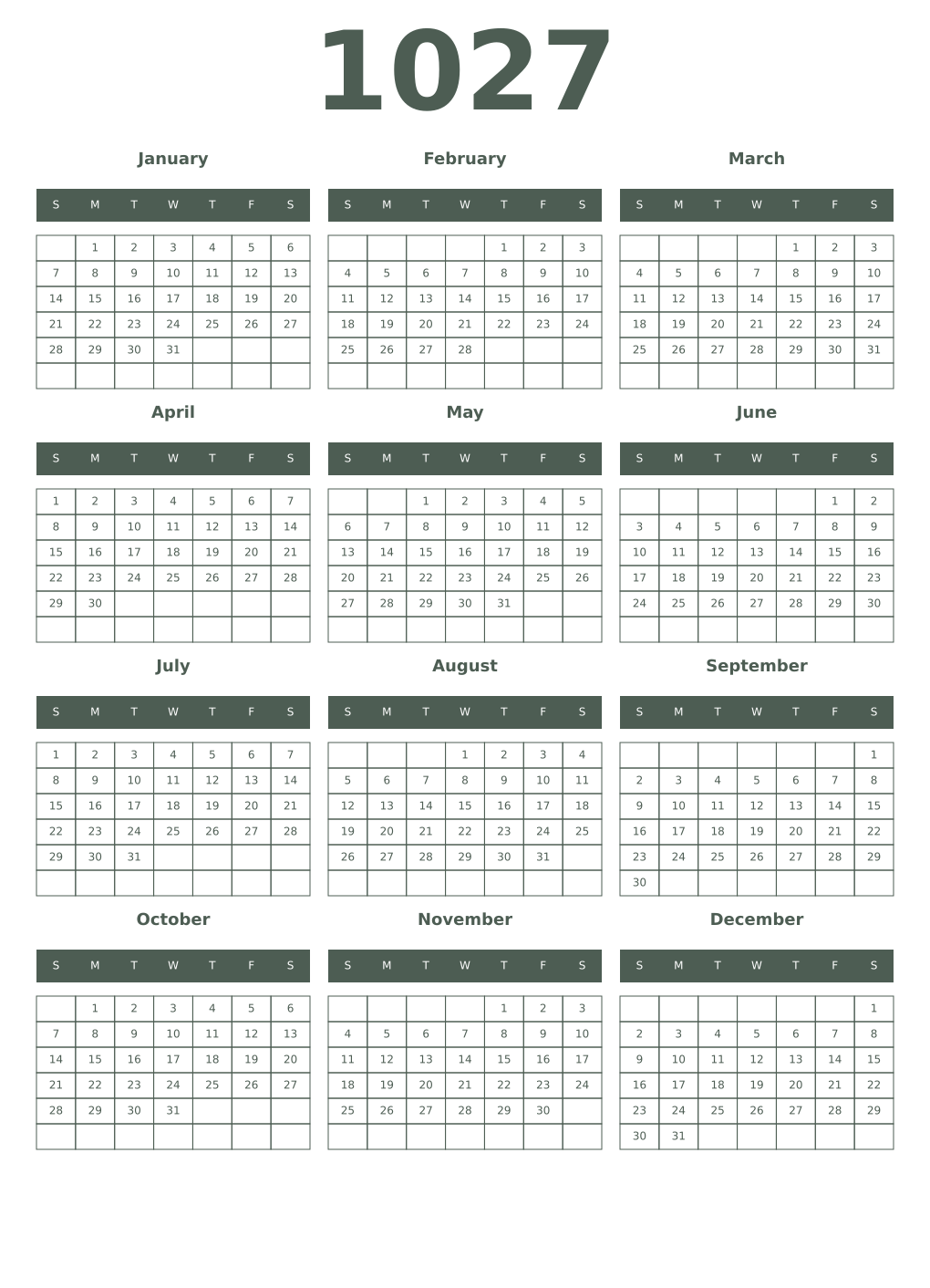 Printable 1027 Year Calendars feldgrau