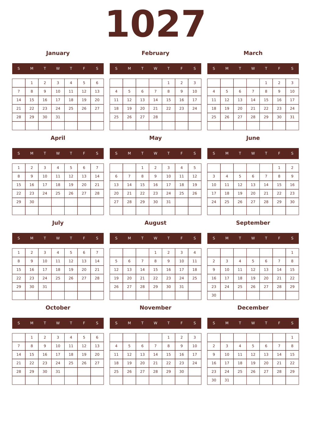 Printable 1027 Year Calendars mortuum