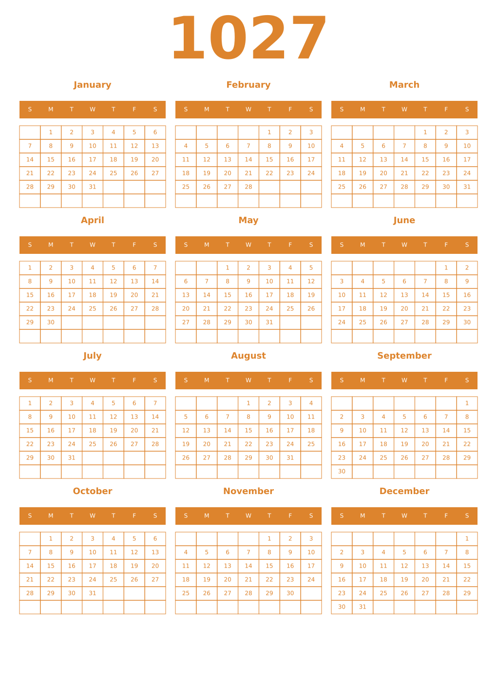 Printable 1027 Year Calendars orange