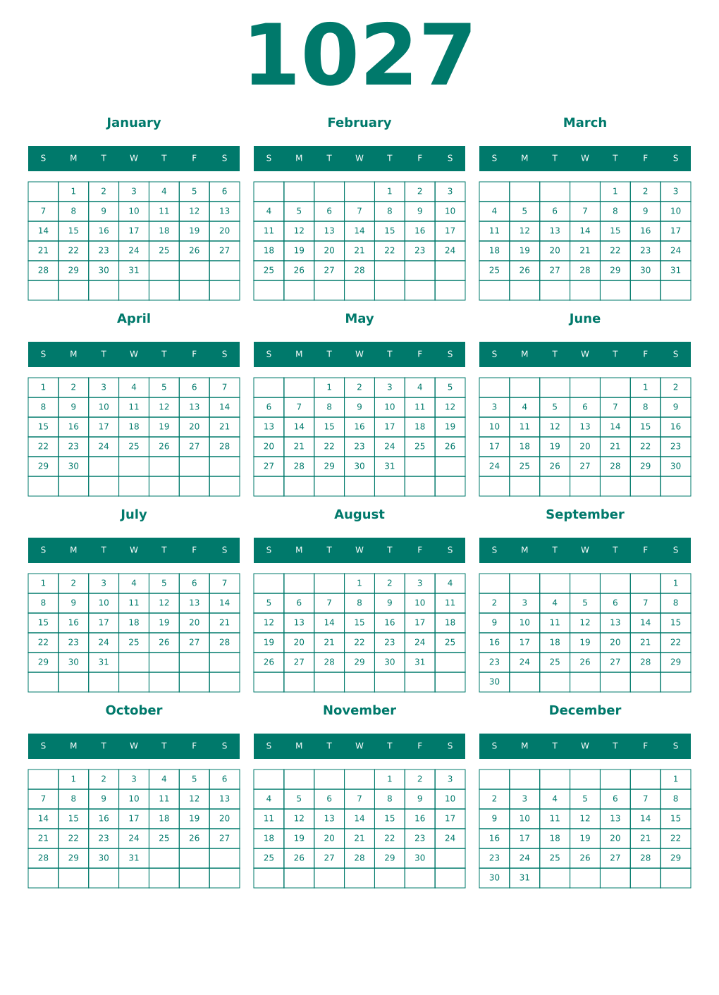 Printable 1027 Year Calendars pastel