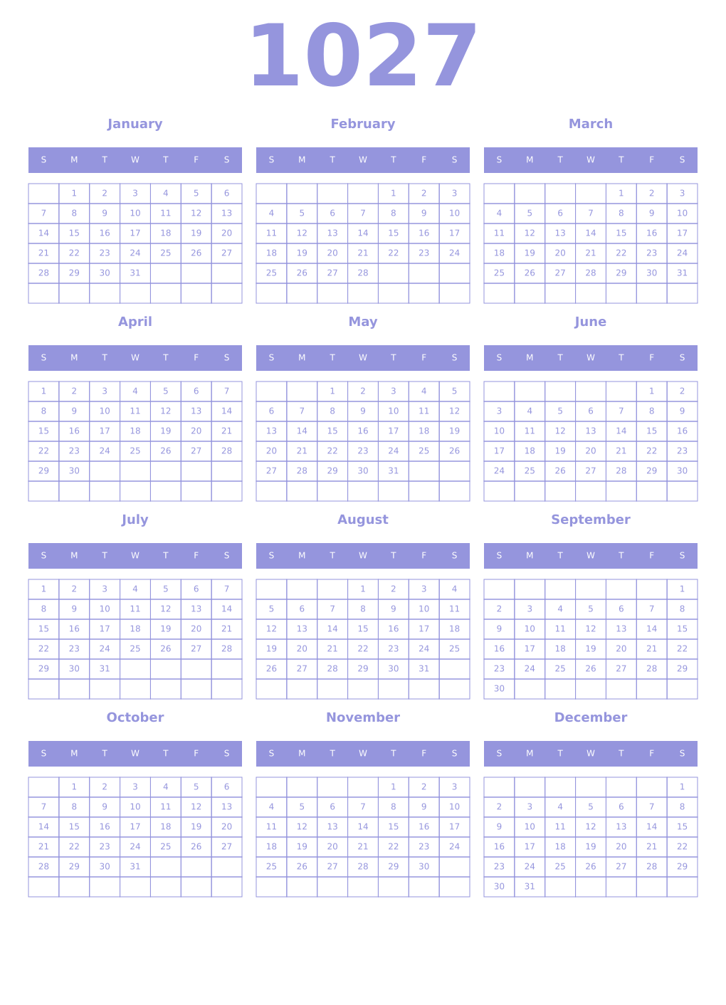 Printable 1027 Year Calendars periwinkle