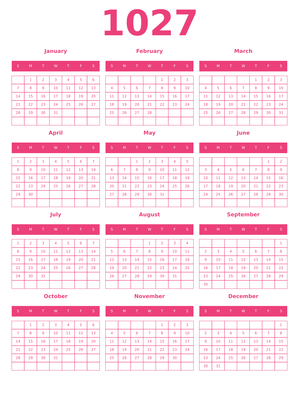 Printable 1027 Year Calendars pink