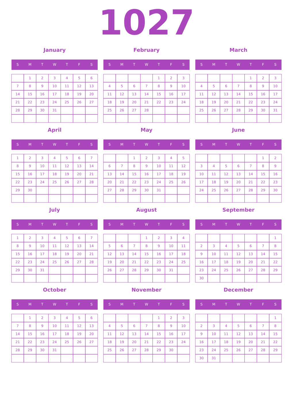 Printable 1027 Year Calendars purple