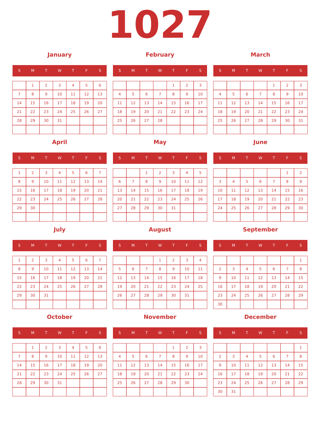 Printable 1027 Year Calendars red