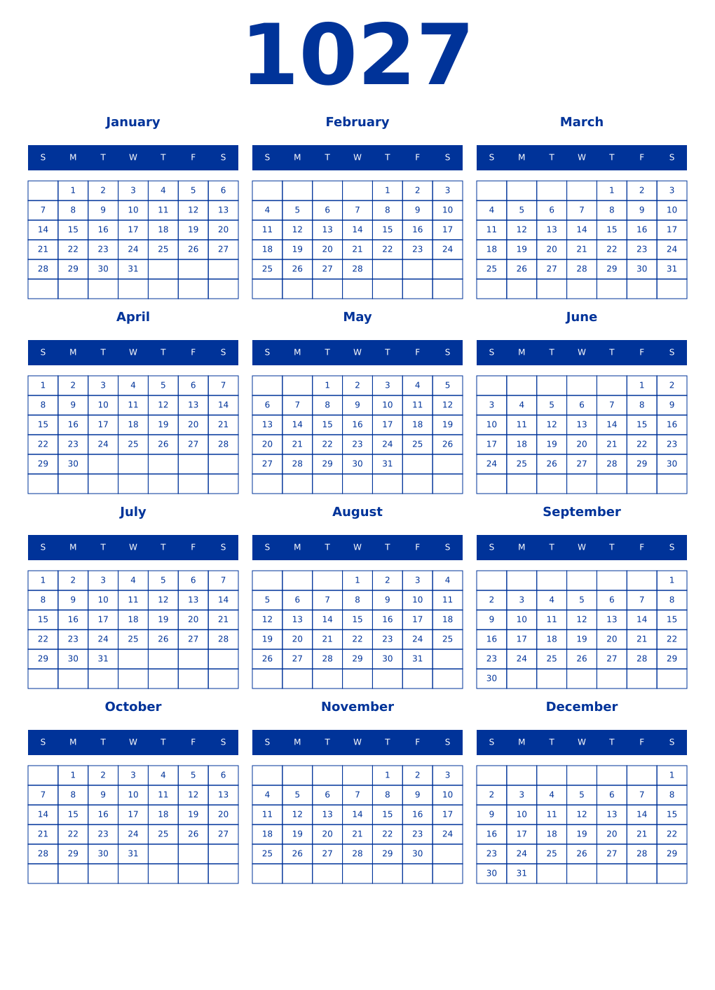 Printable 1027 Year Calendars smalt